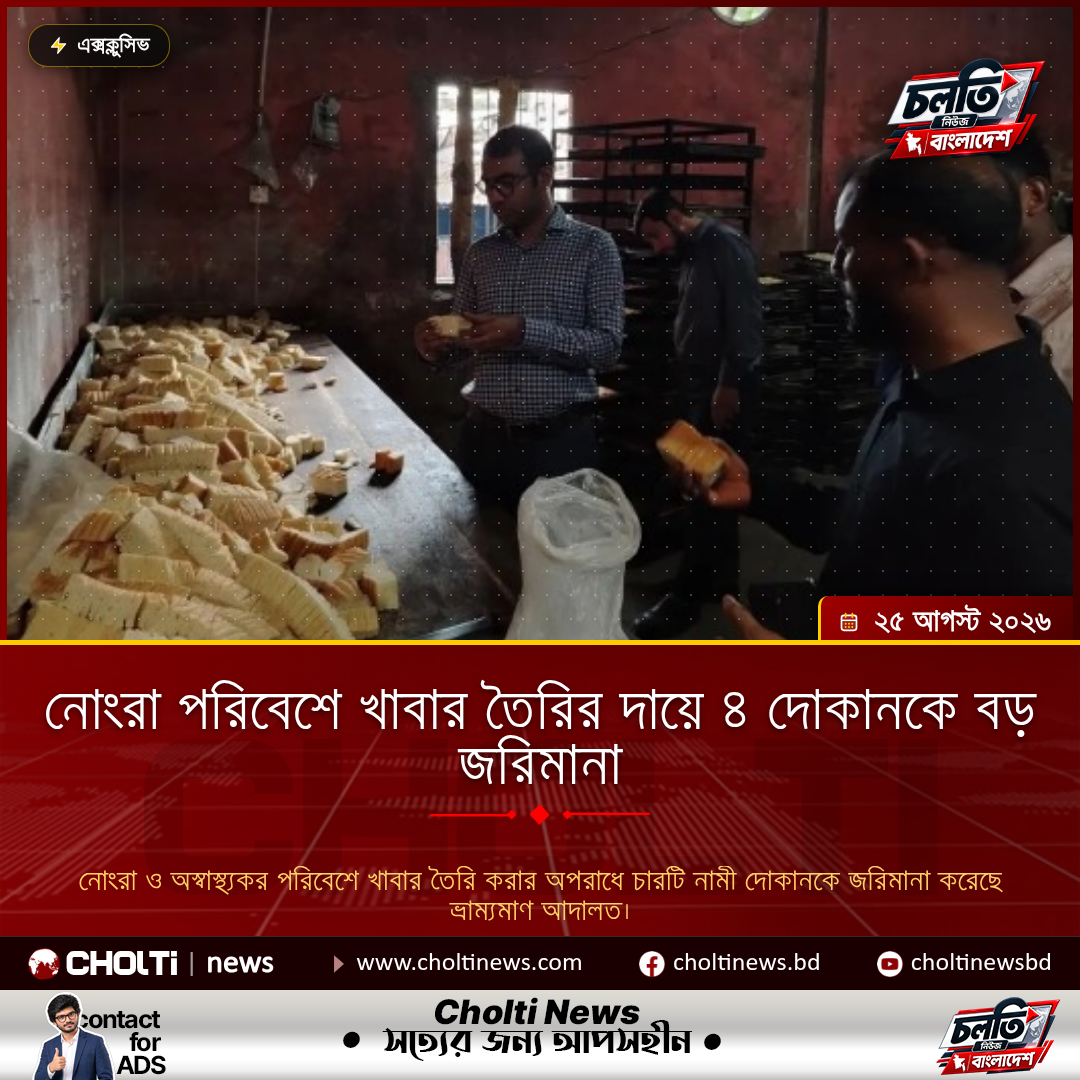 নোংরা পরিবেশে খাবার তৈরির দায়ে ৪ দোকানকে বড় জরিমানা