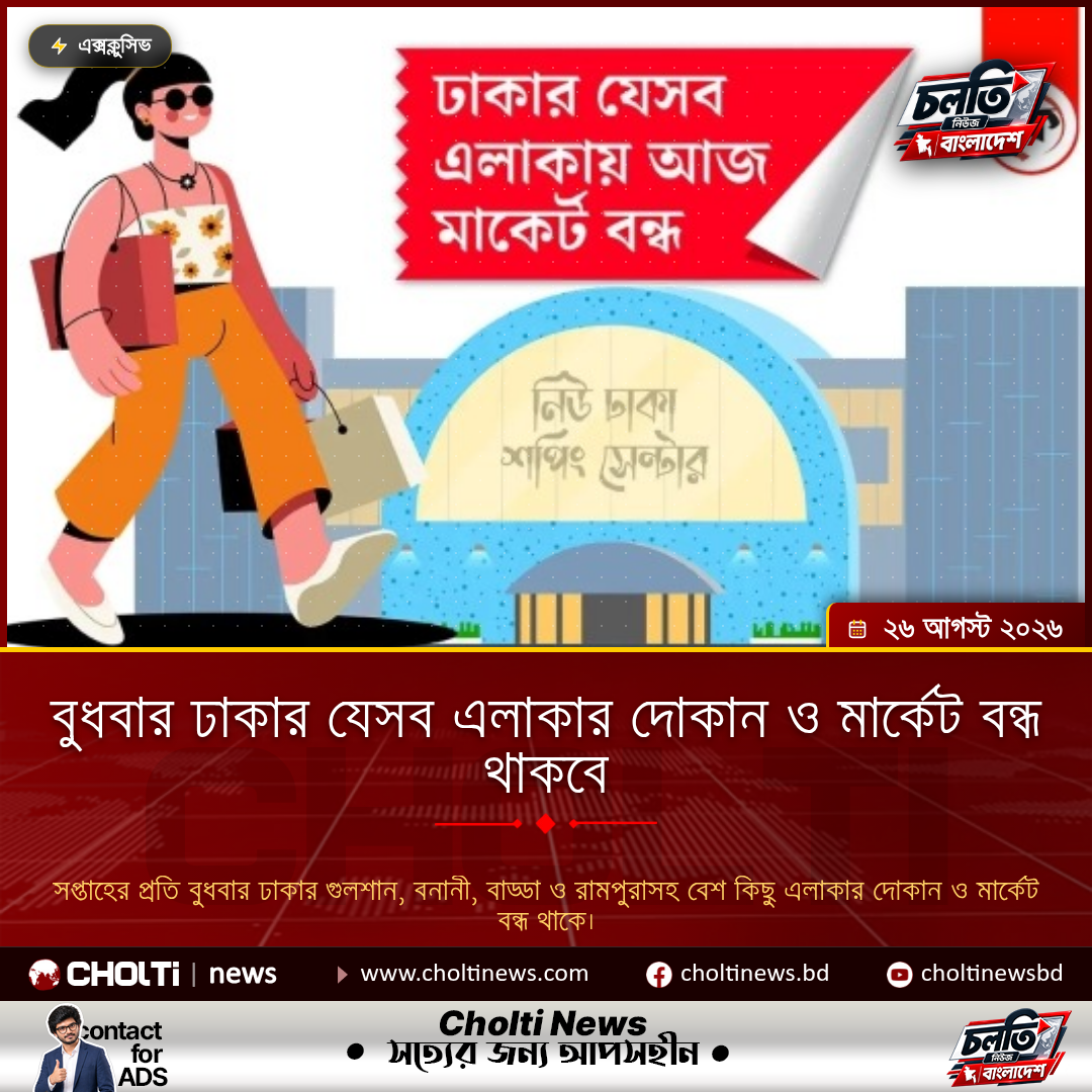 বুধবার ঢাকার যেসব এলাকার দোকান ও মার্কেট বন্ধ থাকবে