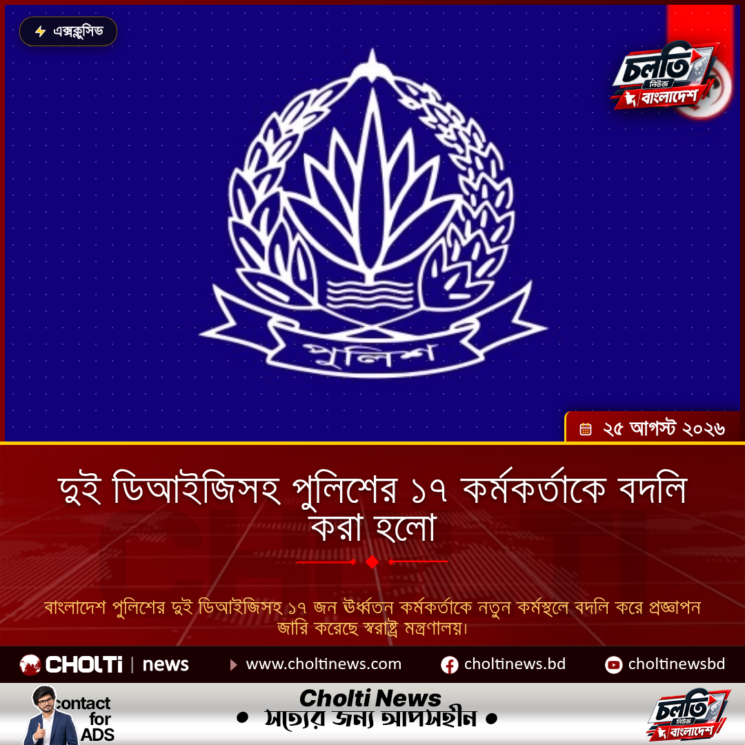 দুই ডিআইজিসহ পুলিশের ১৭ কর্মকর্তাকে বদলি করা হলো